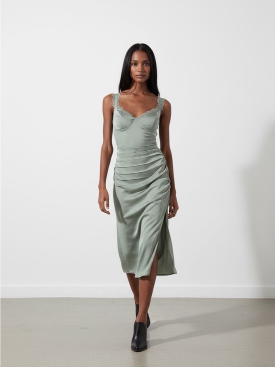 Astr Dresses & Skirts - Astr Lace-Trim Satin Ruched Midi Dress in Sage Green